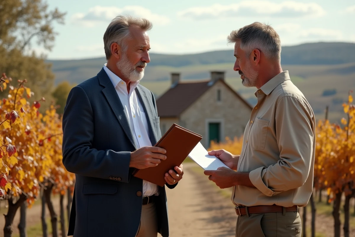 Deux professionnels discutant de l'acquisition d'un domaine viticole bordelais en conversion bio, en consultant des documents au bord d'un vignoble en automne