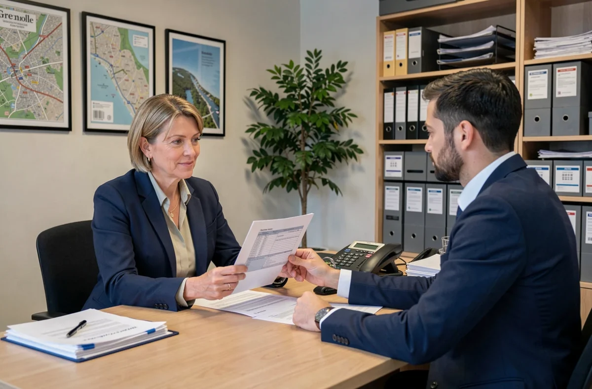 Conseillère en assurance présentant un contrat d'assurance habitation à un locataire dans une agence à Grenoble