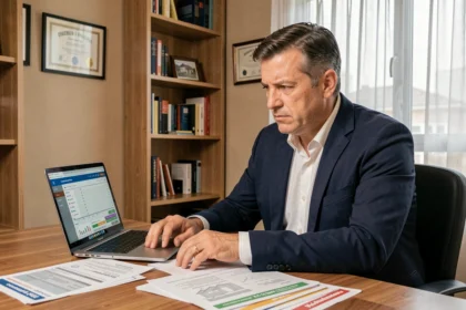 Agent immobilier analysant des données d'estimation sur un ordinateur portable avec des documents d'évaluation immobilière sur son bureau