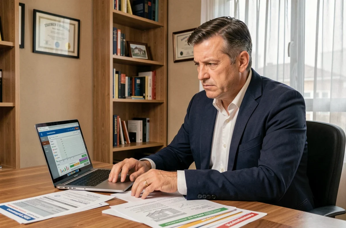 Agent immobilier analysant des données d'estimation sur un ordinateur portable avec des documents d'évaluation immobilière sur son bureau