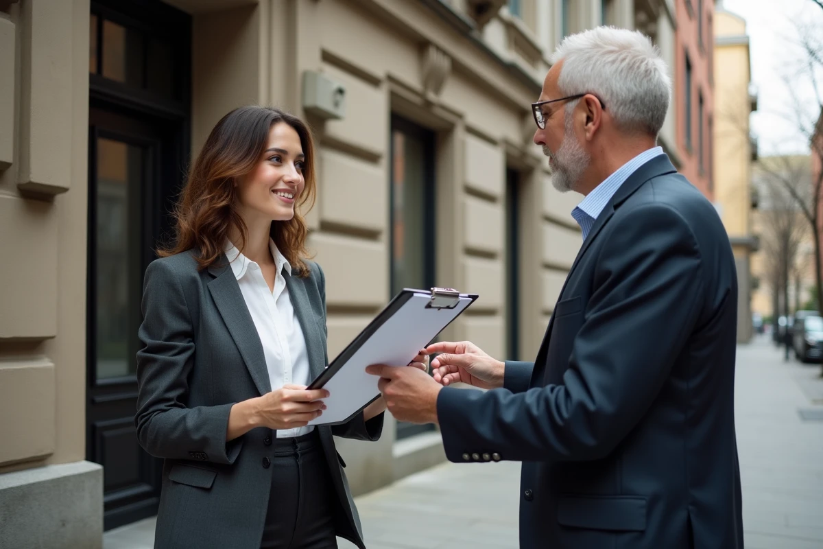 Jeune agente immobiliere discutant avec un homme age devant un immeuble