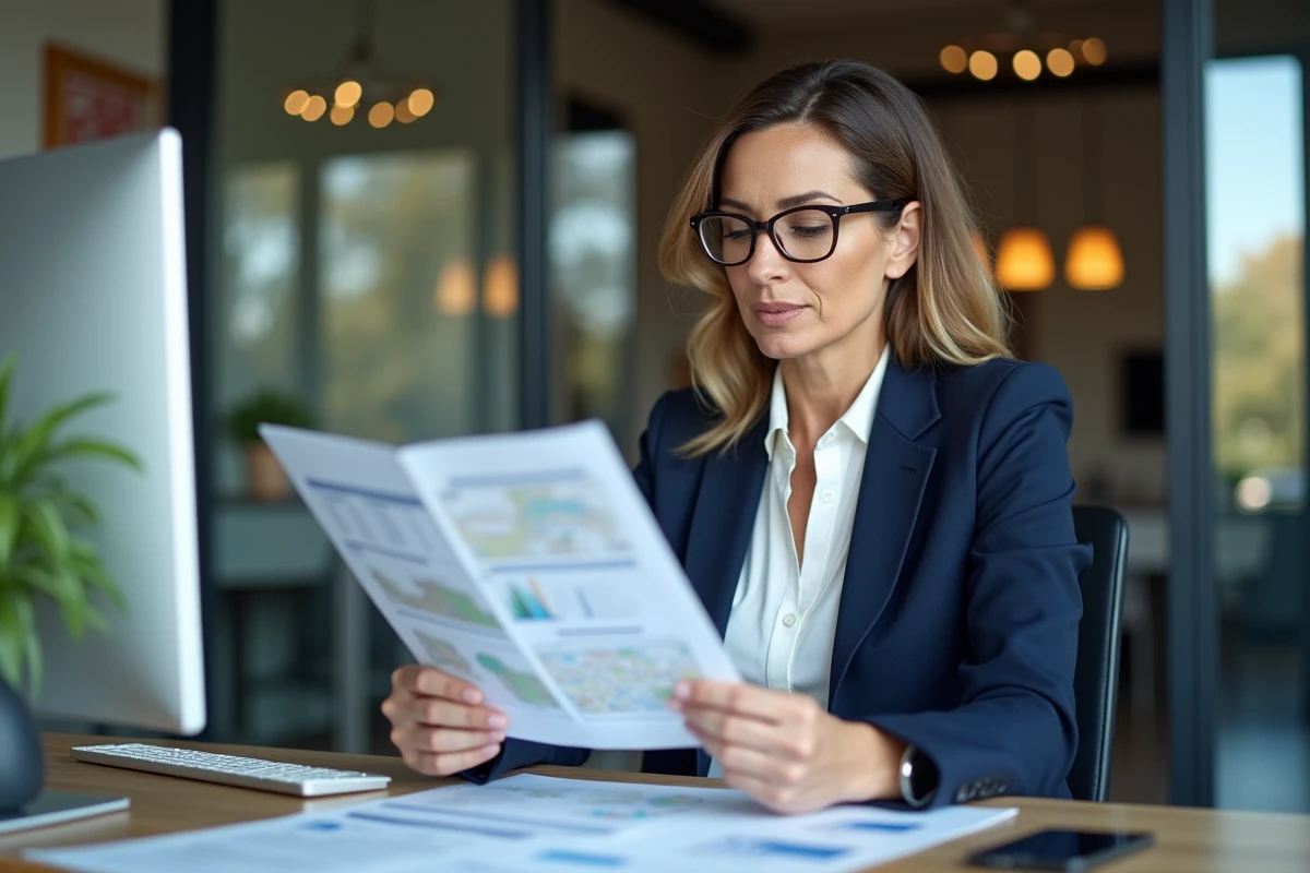 Agent immobilière examinant un document d'information sur les risques naturels et technologiques dans une agence immobilière moderne, lié à l'obligation IAL et ERRIAL géorisques