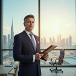 Salaire agent immobilier Dubaï : combien gagne-t-il vraiment ? Agent immobilier confiant dans un bureau moderne de Dubaï avec Burj Khalifa