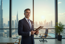 Agent immobilier confiant dans un bureau moderne de Dubaï avec Burj Khalifa