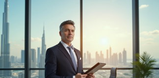 Agent immobilier confiant dans un bureau moderne de Dubaï avec Burj Khalifa