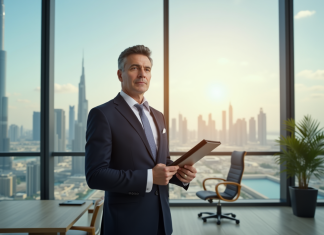 Agent immobilier confiant dans un bureau moderne de Dubaï avec Burj Khalifa