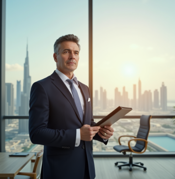 Agent immobilier confiant dans un bureau moderne de Dubaï avec Burj Khalifa