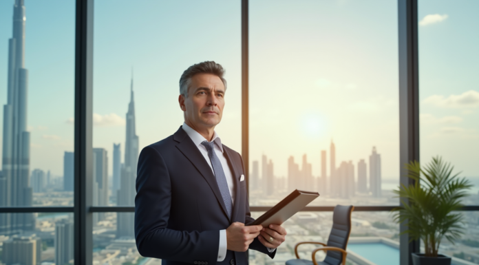 Agent immobilier confiant dans un bureau moderne de Dubaï avec Burj Khalifa