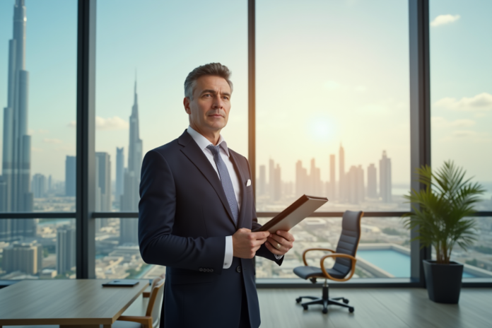 agent-immobilier-dubai-burj-khalifa Agent immobilier confiant dans un bureau moderne de Dubaï avec Burj Khalifa
