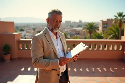 Agent immobilier évaluant une villa de luxe à Marrakech sur une terrasse avec vue panoramique sur la médina