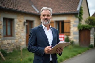 Agent immobilier devant une maison à vendre en Moselle avec panneau de vente, mandat immobilier en main