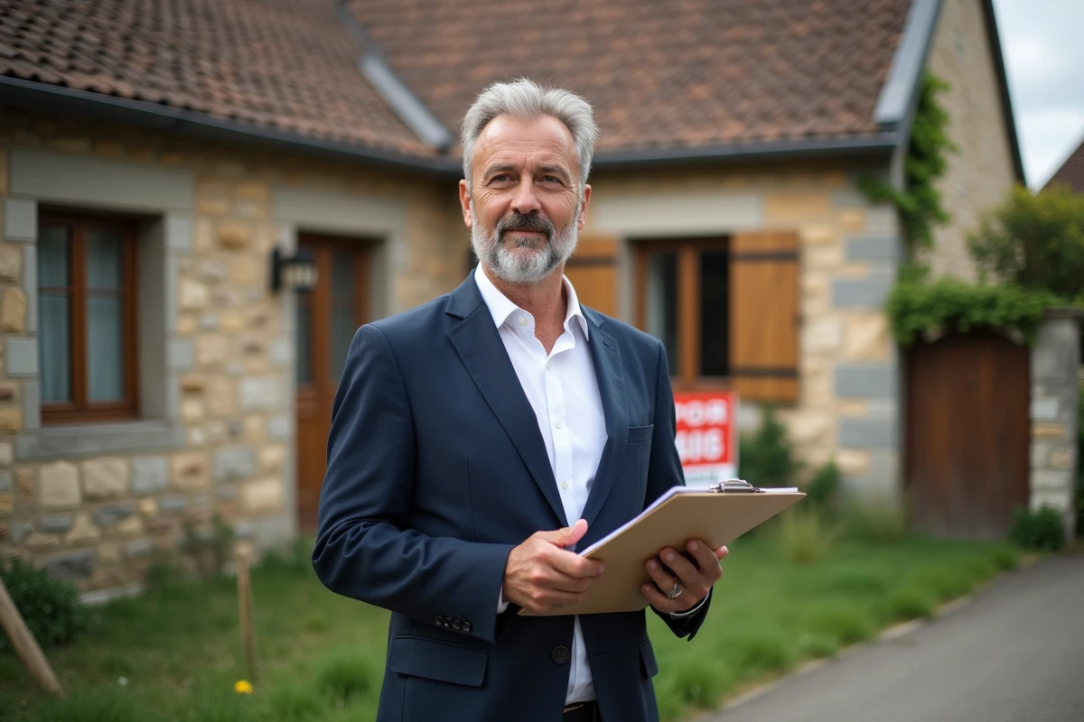 Agent immobilier devant une maison à vendre en Moselle avec panneau de vente, mandat immobilier en main