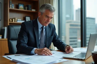 Agent immobilier ou marchand de biens assis à son bureau examinant des contrats immobiliers dans un bureau professionnel moderne