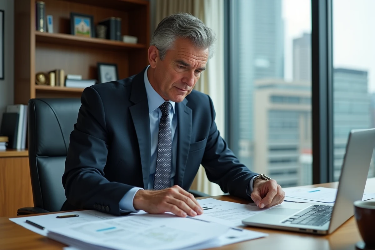 Agent immobilier ou marchand de biens assis à son bureau examinant des contrats immobiliers dans un bureau professionnel moderne