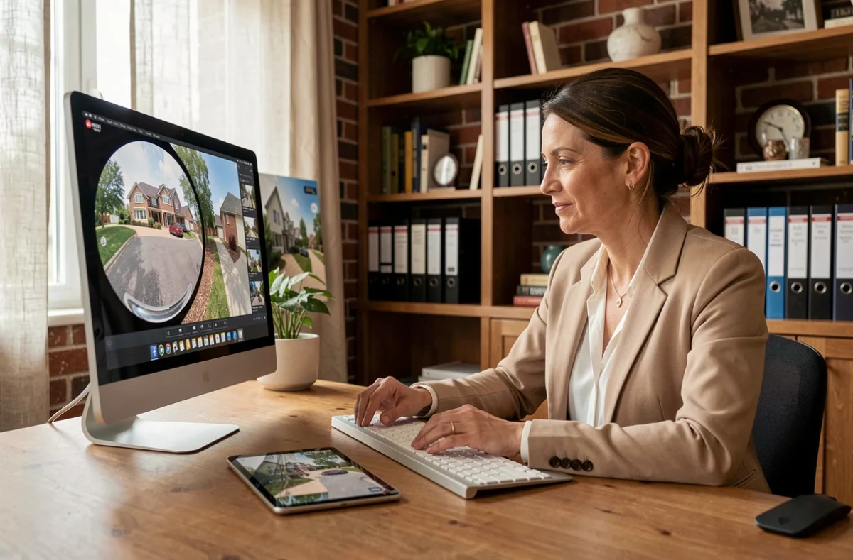 Agent immobilière consultant des images de visite virtuelle 360° sur ordinateur et tablette dans un bureau à domicile