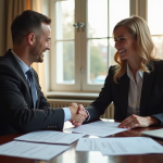 Agent immobilier remettant un contrat de prêt immobilier au notaire dans un bureau élégant