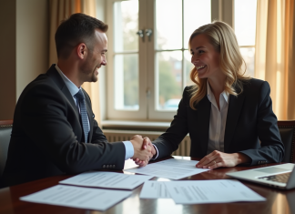 Agent immobilier remettant un contrat de prêt immobilier au notaire dans un bureau élégant
