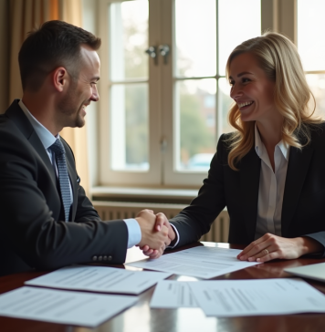 Prêt immobilier : qui transmet l’offre au notaire ? Agent immobilier remettant un contrat de prêt immobilier au notaire dans un bureau élégant