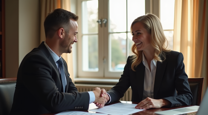 Agent immobilier remettant un contrat de prêt immobilier au notaire dans un bureau élégant