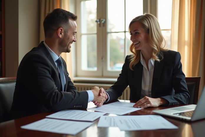 Agent immobilier remettant un contrat de prêt immobilier au notaire dans un bureau élégant