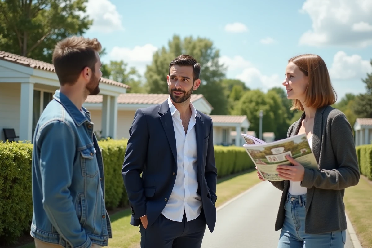 Agent immobilier présentant un parc résidentiel de mobil-homes à un jeune couple, dans le contexte des réglementations de la loi ALUR 2026