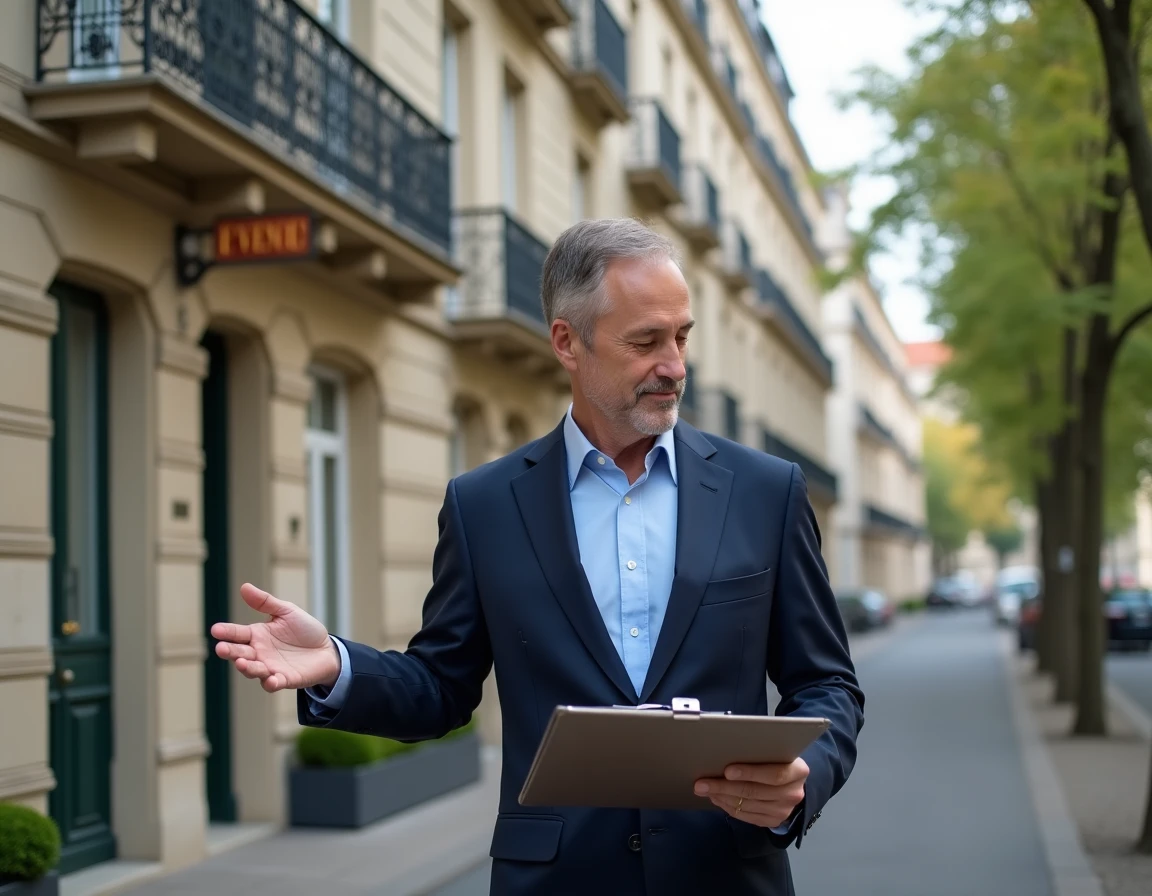 Agent immobilier devant un immeuble à vendre dans le quartier de Maisons-Alfort