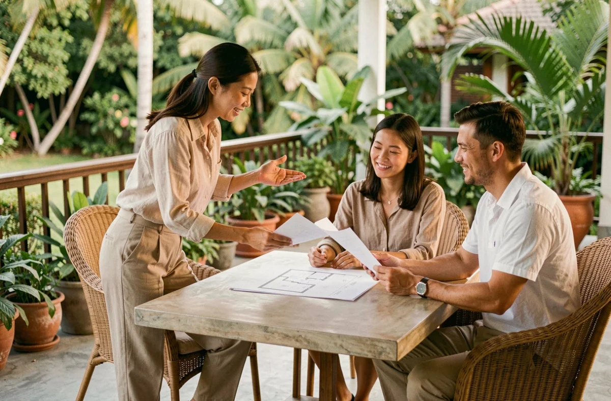 Agent immobilier présentant des documents de vente à des acheteurs sur la terrasse d'une villa à Koh Samui