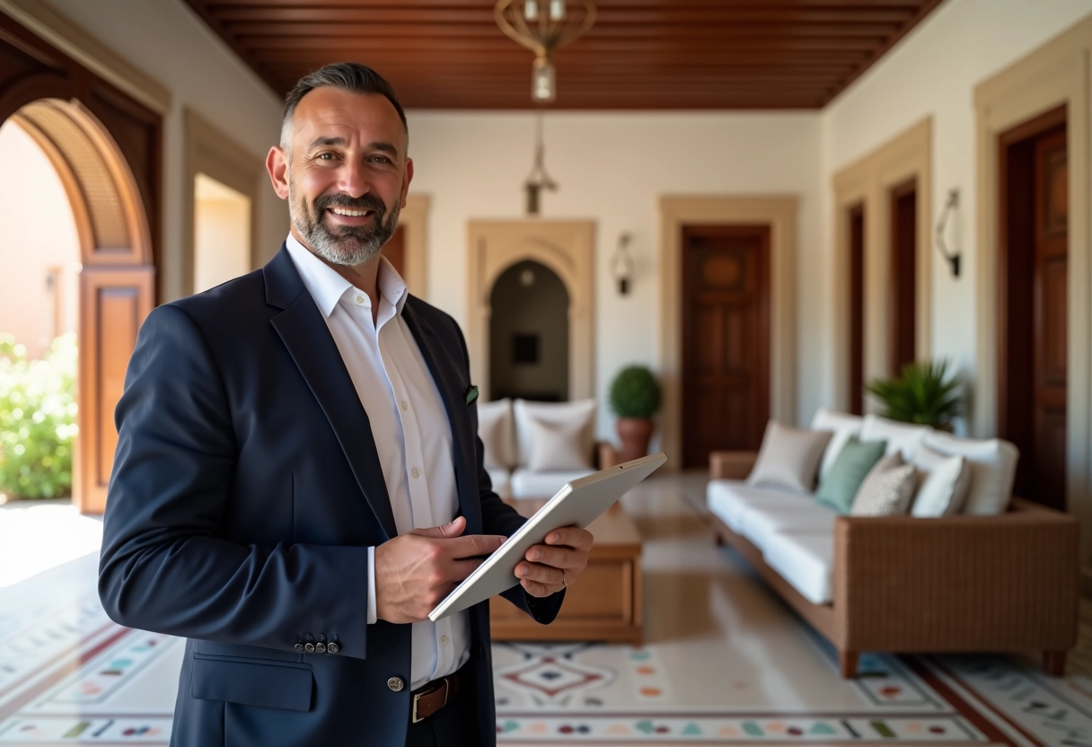 Agent immobilier montrant une villa marocaine intérieure