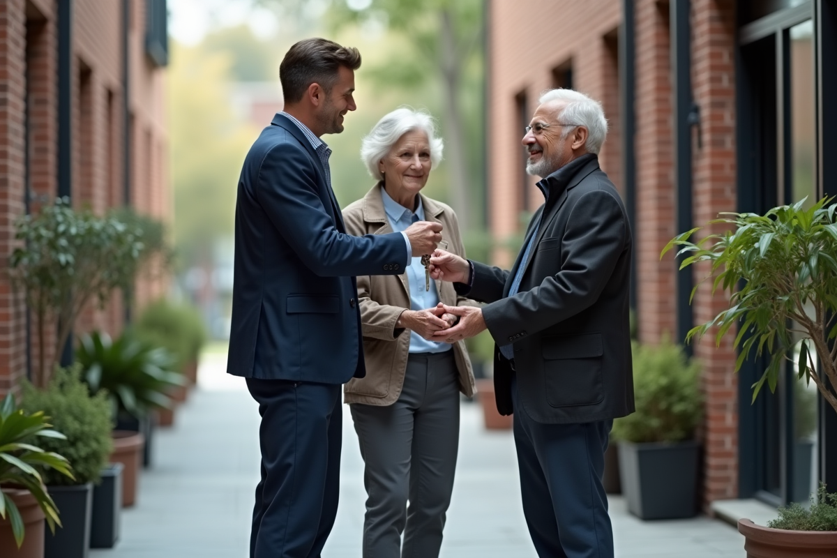 Travailleur social remettant des clés à un couple âgé devant un immeuble
