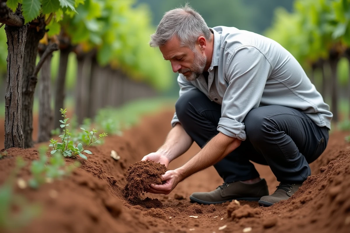 Viticulteur analysant la qualité du sol argileux d'une parcelle de vignoble bordelais certifié en agriculture biologique, avec échantillon de terre à la main