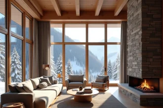 Salon d'un appartement moderne à vendre aux Menuires avec vue panoramique sur les montagnes enneigées des 3 Vallées
