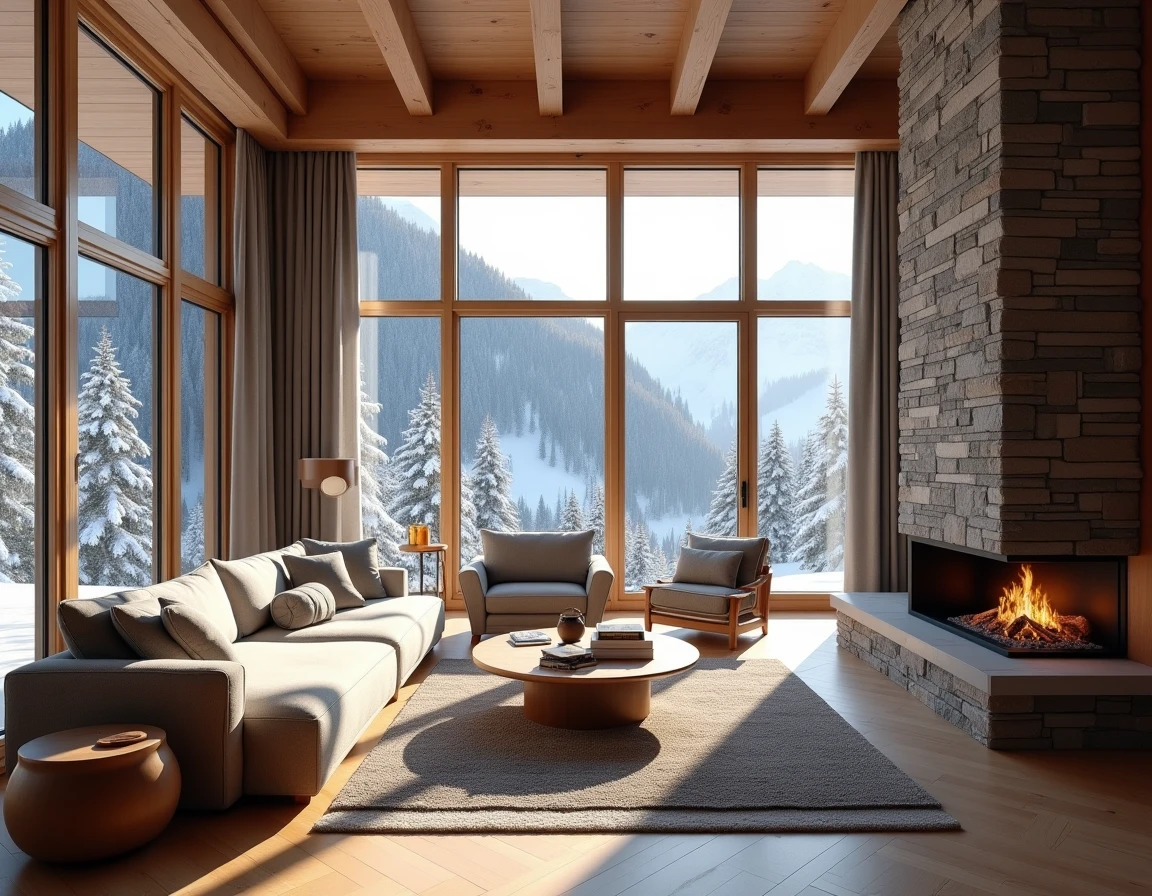 Salon d'un appartement moderne à vendre aux Menuires avec vue panoramique sur les montagnes enneigées des 3 Vallées