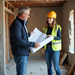Architecte homme avec plans dans une maison en rénovation