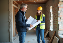 Rénovation et reconstruction : différences et définitions clés en 2025 Architecte homme avec plans dans une maison en rénovation