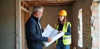 Rénovation et reconstruction : différences et définitions clés en 2025 Architecte homme avec plans dans une maison en rénovation