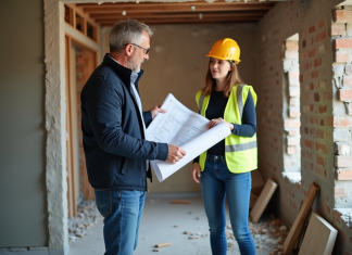 Rénovation et reconstruction : différences et définitions clés en 2025 Architecte homme avec plans dans une maison en rénovation