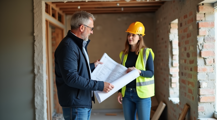 Architecte homme avec plans dans une maison en rénovation