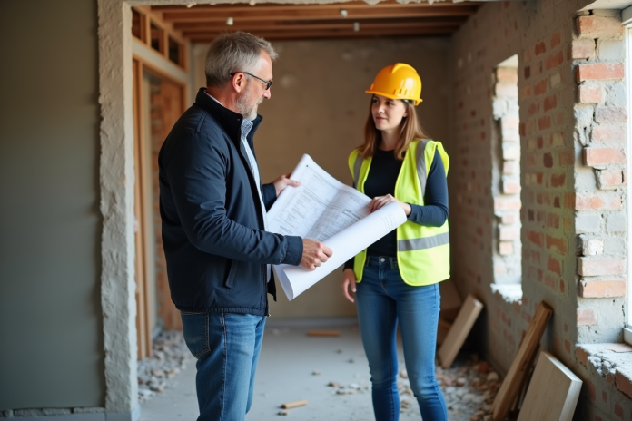 Architecte homme avec plans dans une maison en rénovation