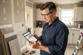 Artisan consultant des tarifs de rénovation sur une tablette numérique dans une cuisine en cours de travaux