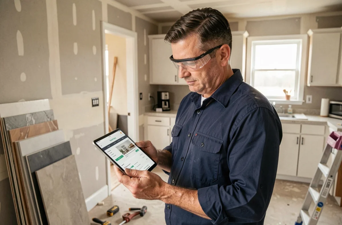 Artisan consultant des tarifs de rénovation sur une tablette numérique dans une cuisine en cours de travaux