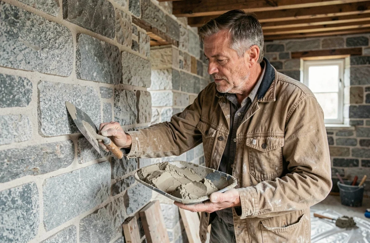 Artisan maçon rénovant les joints d'un mur en pierre de granit à l'intérieur d'une maison bretonne en cours de réhabilitation