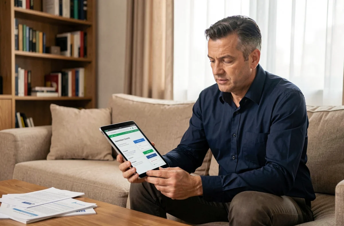 Homme consultant une offre d'assurance habitation sans franchise sur une tablette dans son salon