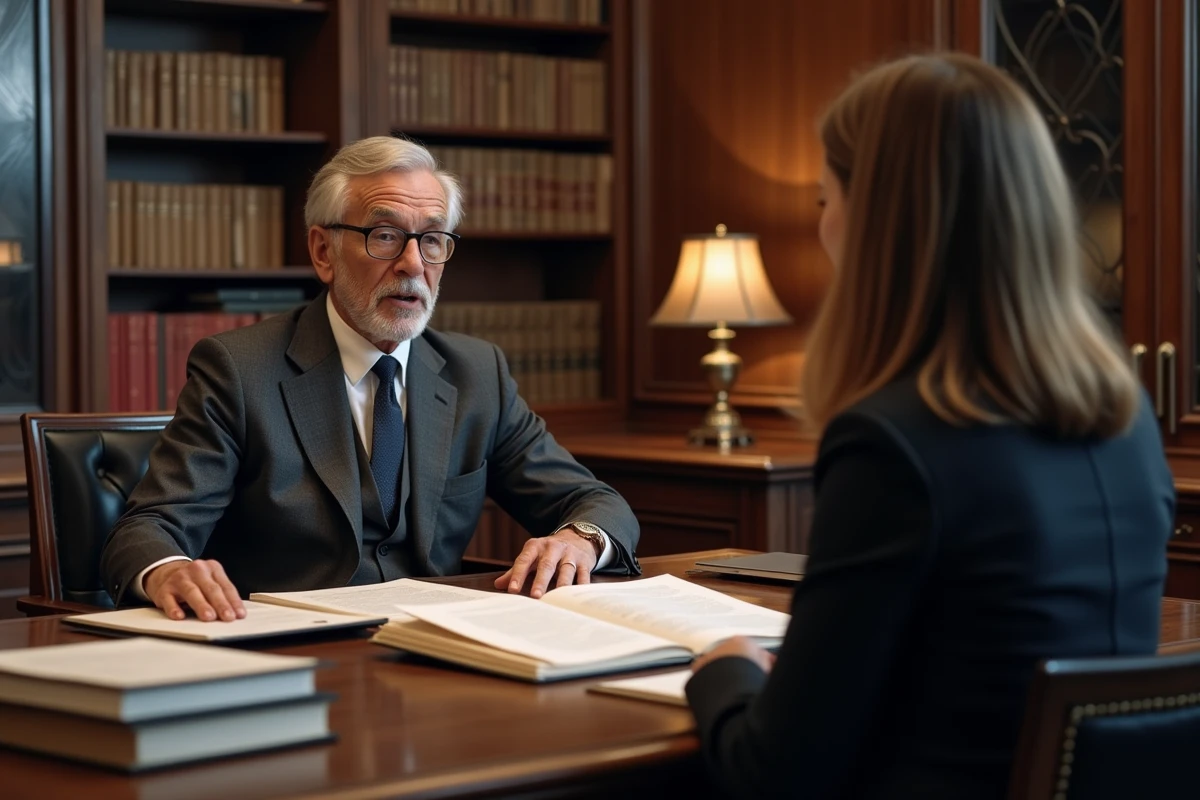 Avocat en droit immobilier expliquant l'article 606 du code civil à une locataire dans un bureau notarial
