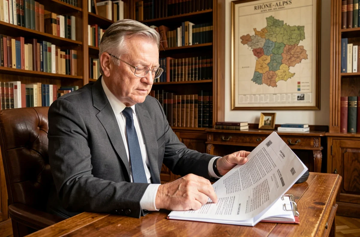 Bernard Cottin, chasseur immobilier expérimenté, étudiant un dossier dans son bureau traditionnel