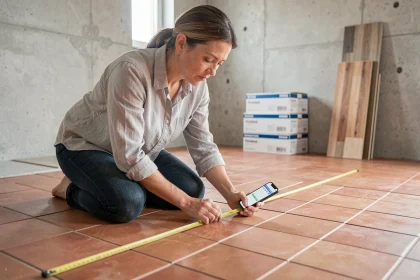 Femme mesurant des carreaux au sol avec un mètre ruban et une calculatrice m2 sur smartphone lors de travaux de rénovation