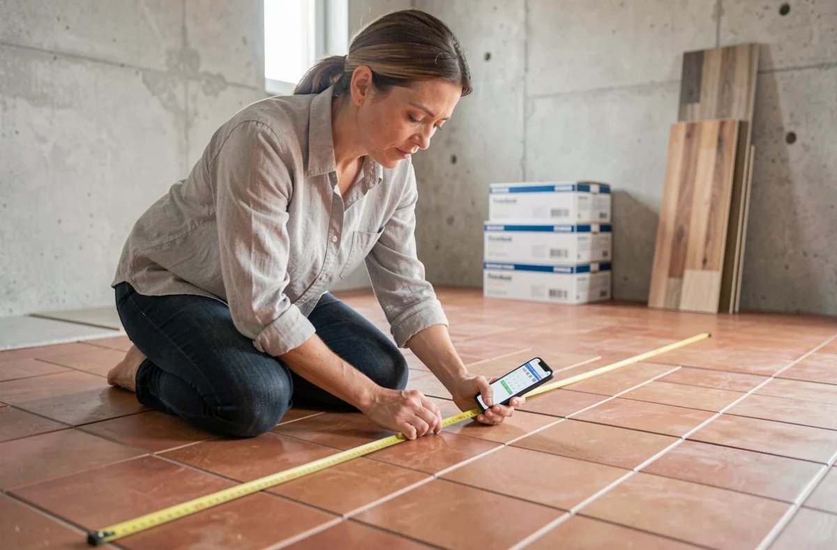 Femme mesurant des carreaux au sol avec un mètre ruban et une calculatrice m2 sur smartphone lors de travaux de rénovation