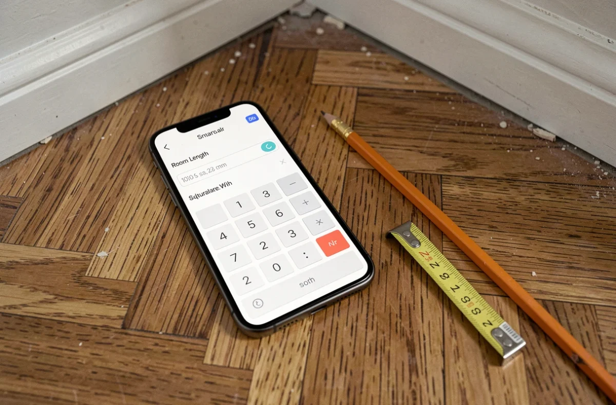 Gros plan d'une calculatrice m2 sur smartphone posée sur un parquet en chevrons avec mètre ruban et crayon pour devis carrelage