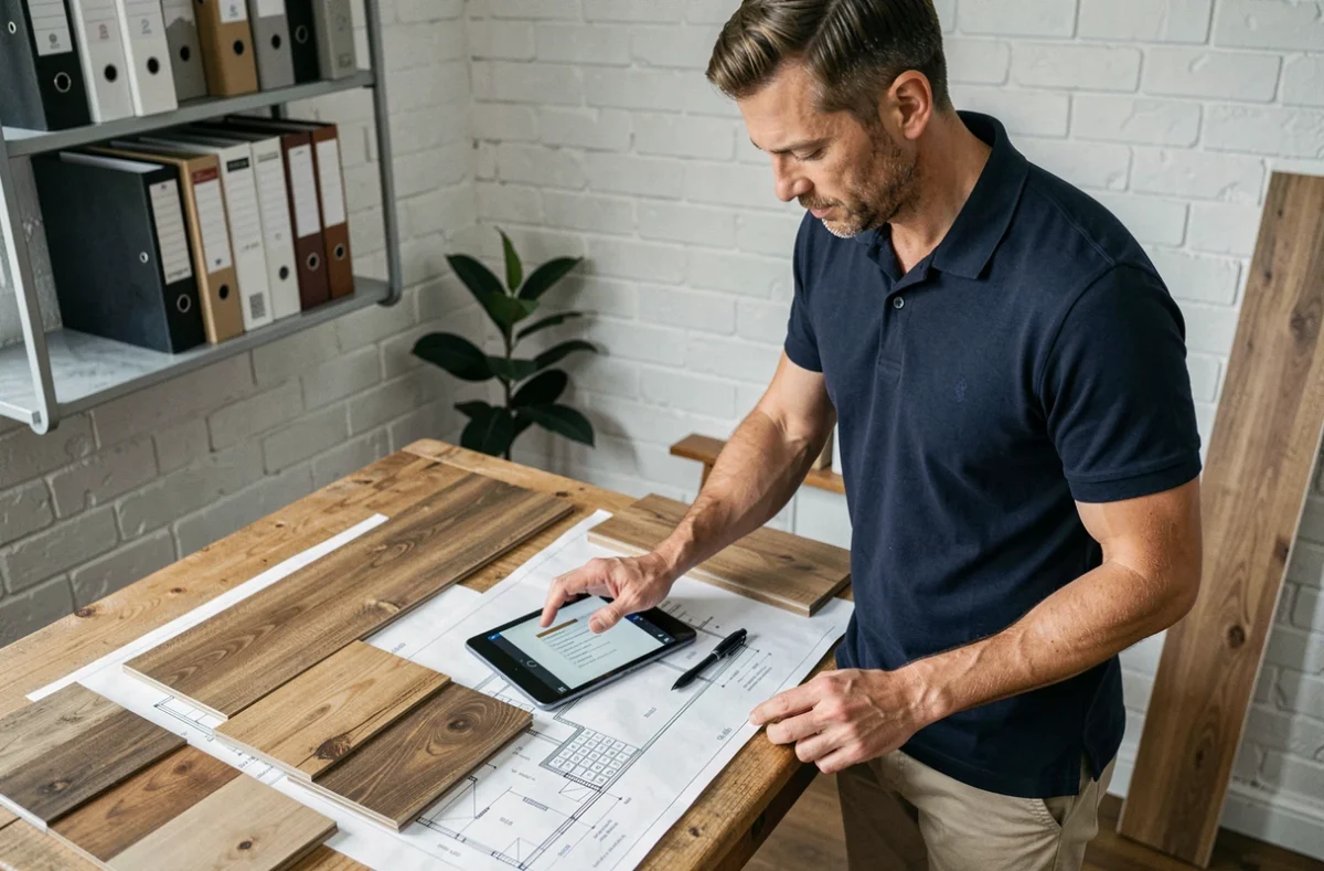 Homme planifiant la pose de parquet avec des échantillons de bois et une calculatrice de surface m2 sur tablette