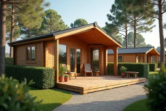 Chalet en bois dans un camping ouvert à l'année en Vendée avec terrasse et végétation environnante