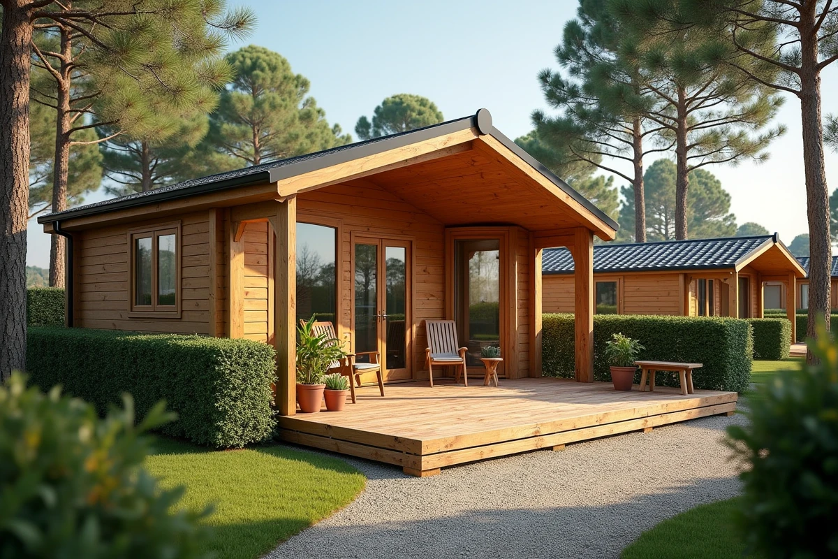 Chalet en bois dans un camping ouvert à l'année en Vendée avec terrasse et végétation environnante